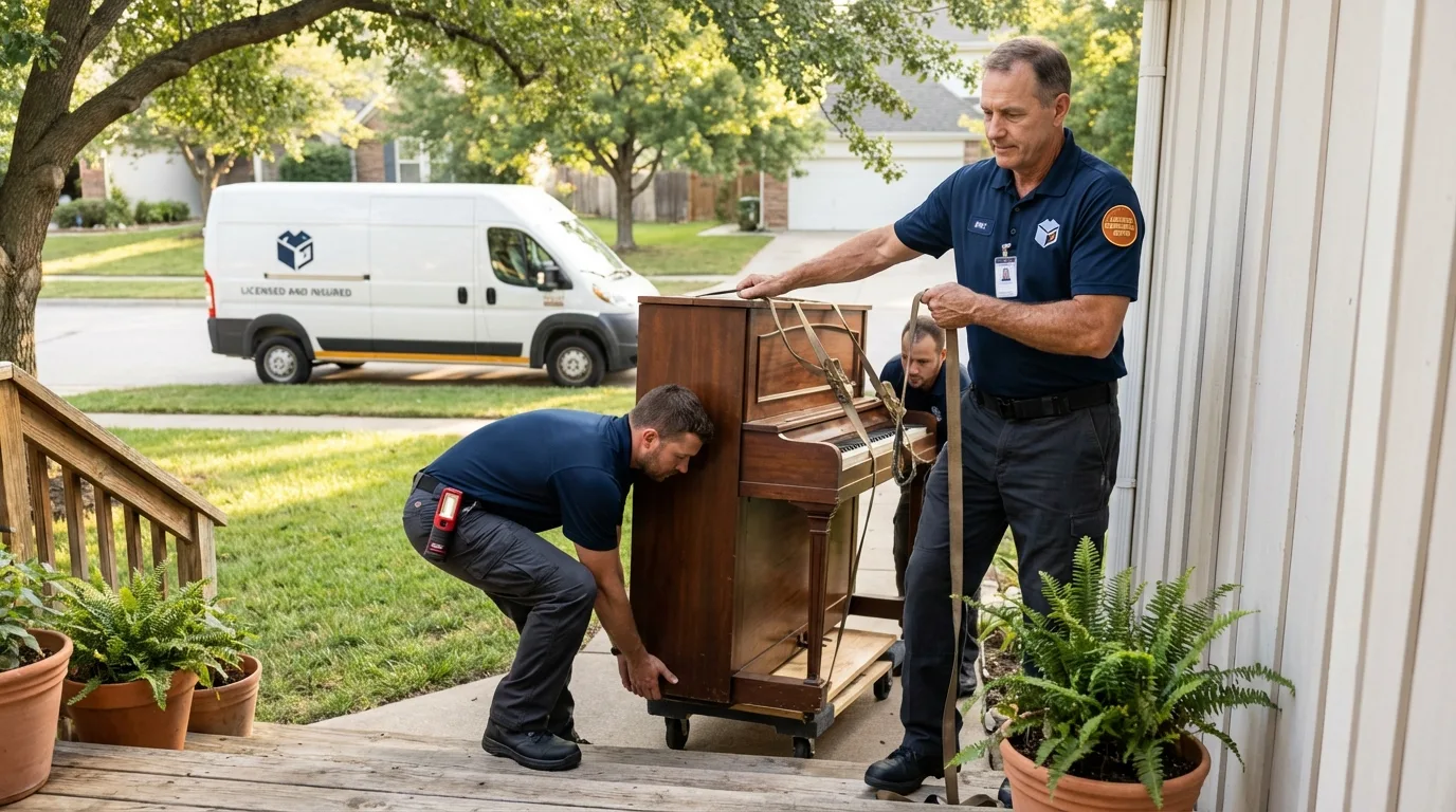 Licensed piano movers securing grand piano in Waterville, OH
