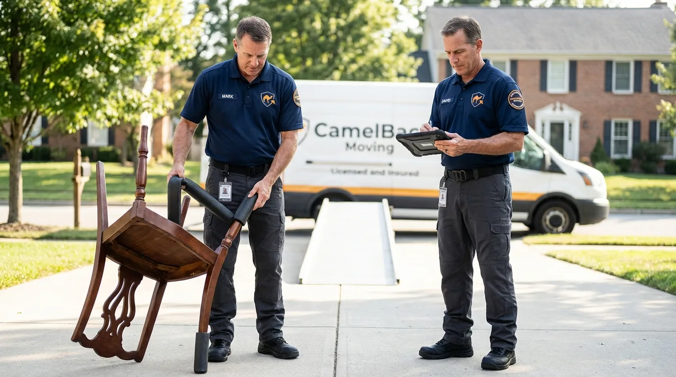 Movers inspecting furniture for damage prevention before loading in Waterville, OH