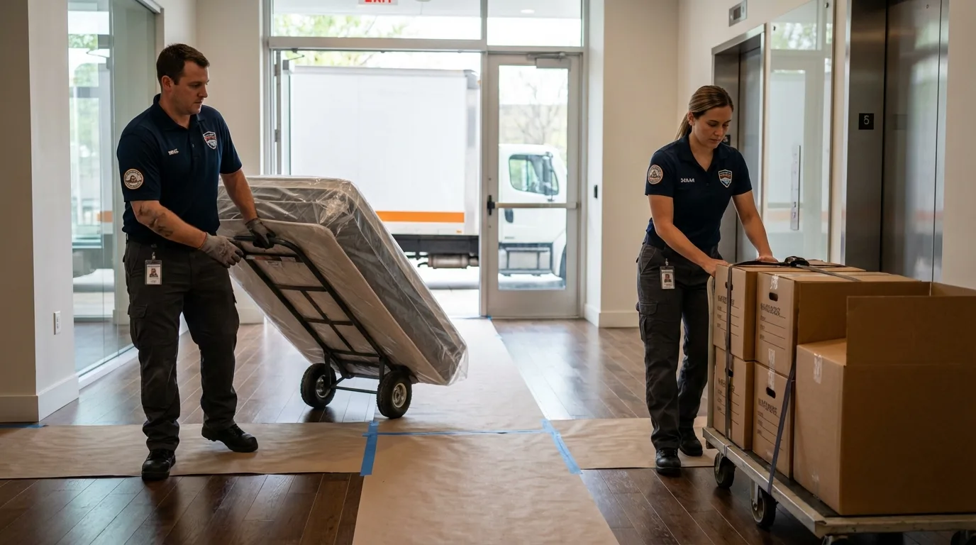 Professional apartment movers loading elevator in Waterville, OH